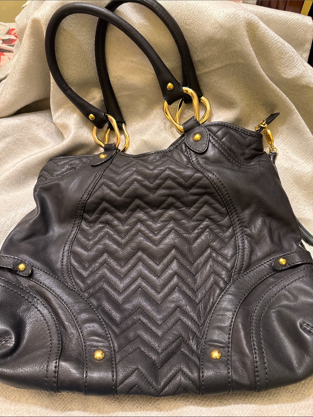 Via Spiga Black Quilted Chevron Shoulder Tote with Gold Hardware